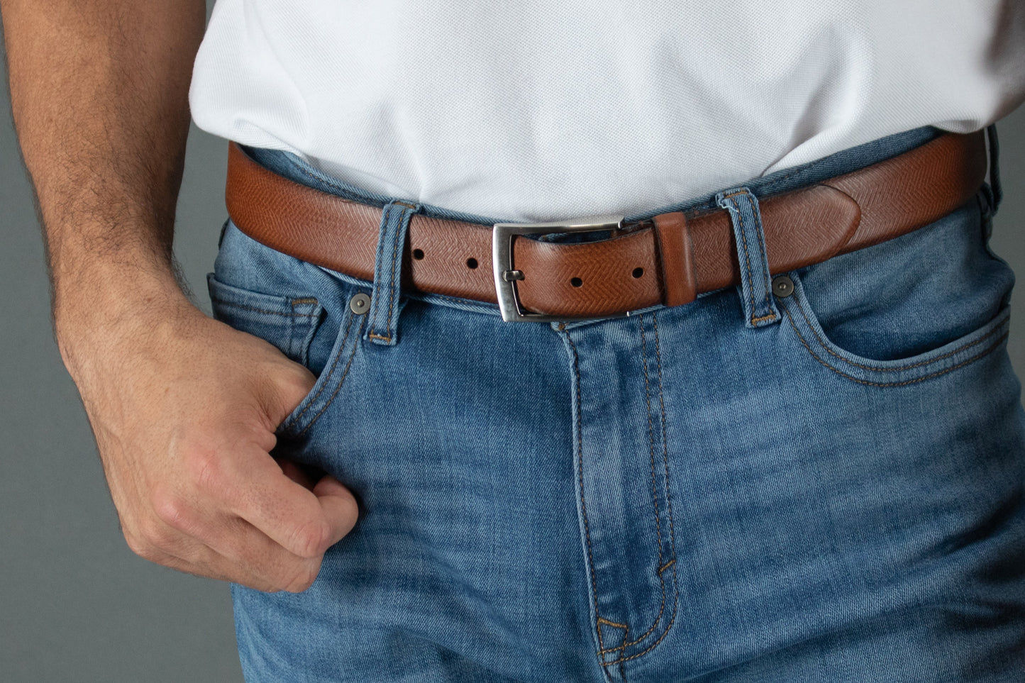 Gregorio 35mm Herringbone Embossed Feather Edged Leather Belt