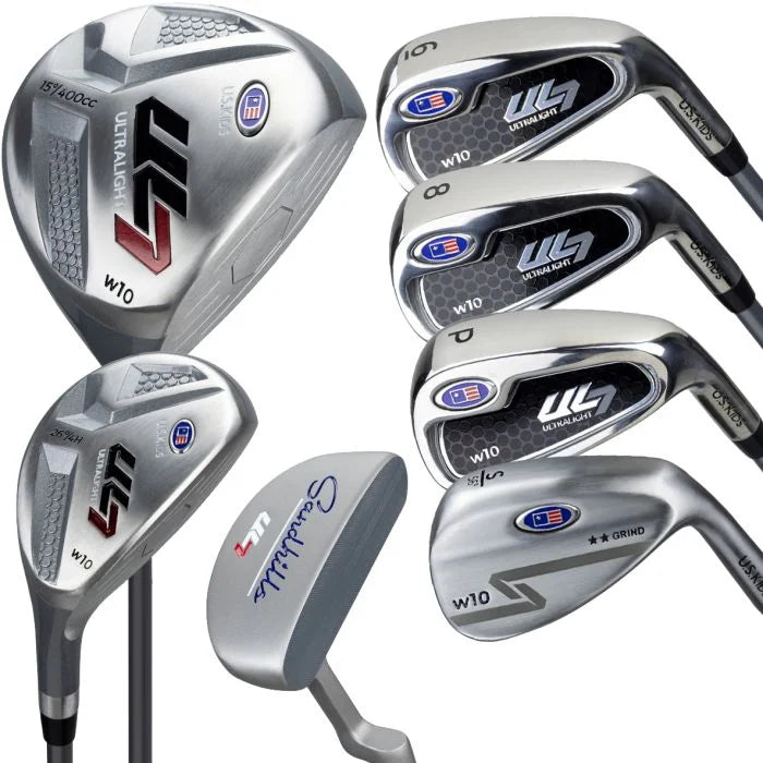 U.S. Kids Golf UL-7 7 Club Package Set Silver/Navy/White Bag